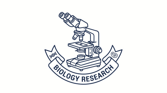 Minimalist vector line art microscope logo for biology research with DNA and cell icons on a banner over white background