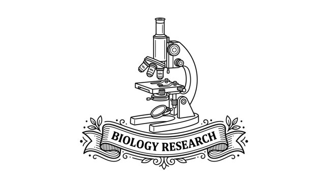 Vintage woodcut microscope illustration with biology research banner for scientific branding and laboratory education isolated on white background