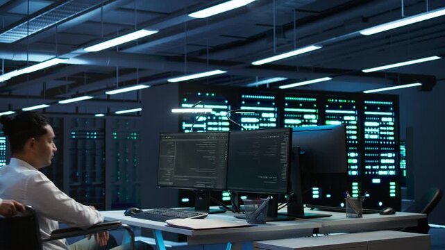 Wheelchair user works in an accessible server workspace in a server room, bringing together network security, data protection and accessible workplace while reviewing critical system details