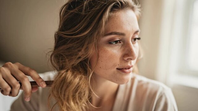 Young woman combing her hair naturally in soft indoor light close up portrait