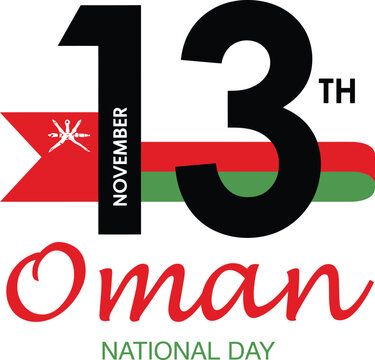 Oman national day celebration with the number thirteen, november date, and national flag colors, isolated on a white background