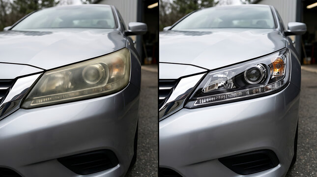 Close-up comparison of car headlights before and after restoration highlighting clarity and modern design features