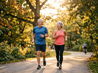 Fototapeta premium Active retirement lifestyle of happy mature couple running outdoors in nature park