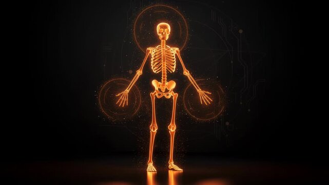 Glowing human skeleton with digital futuristic background and orange light effects
