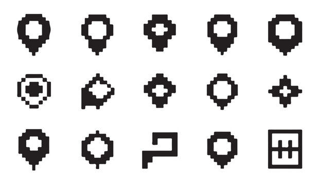 Pixel art location pins, map markers, and cursor icons set, black and white minimal 8 bit game style.