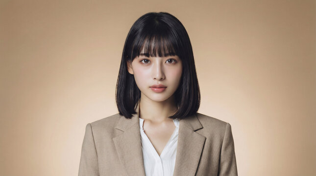 ベージュのジャケットを着たビジネススタイルの日本人女性の証明写真風