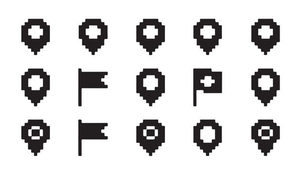 Monochrome pixel art location pins and flag symbols for mapping and location based service applications.