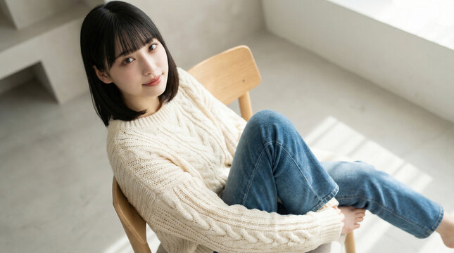 椅子に座り膝を抱えて微笑むニット姿の日本人女性の俯瞰ショット