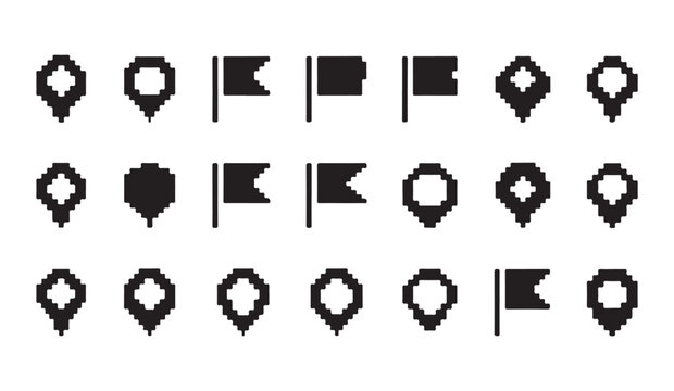 Solid pixel map marker icons set and destination flag symbols vector for game navigation and digital design.