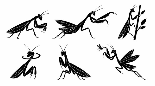 Mantis insect silhouettes in various poses, artistic nature vector set