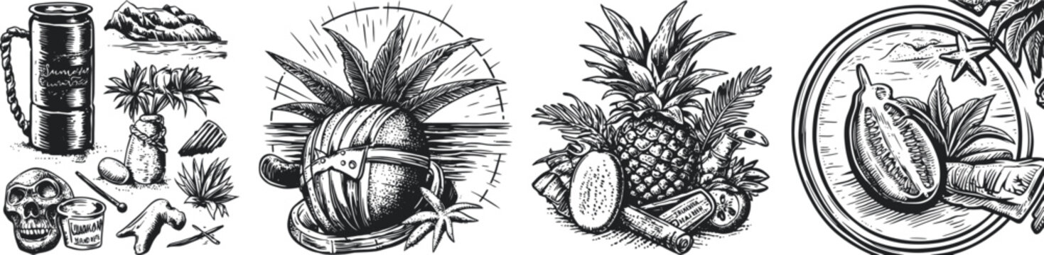 A detailed vintage-style black and white sketch featuring tropical fruits such as pineapple and watermelon, along with