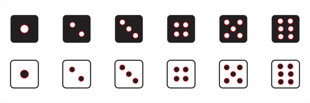 Game dice collection with numbers one to six for casino, board games, or gambling design