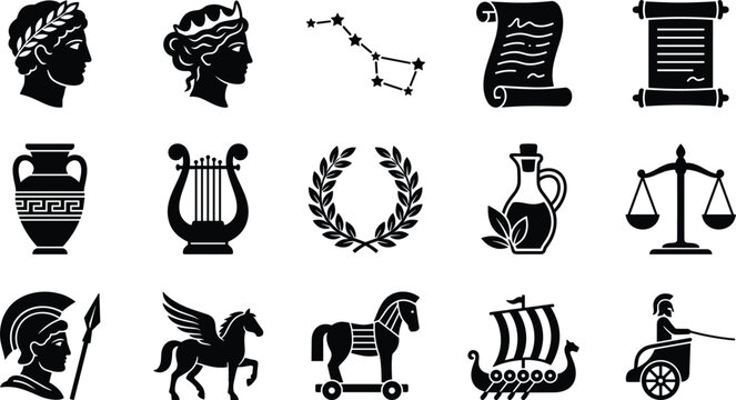 Ancient greek mythology icon collection featuring classic historical symbols roman emperors pegasus trojan horse and antique philosophy elements