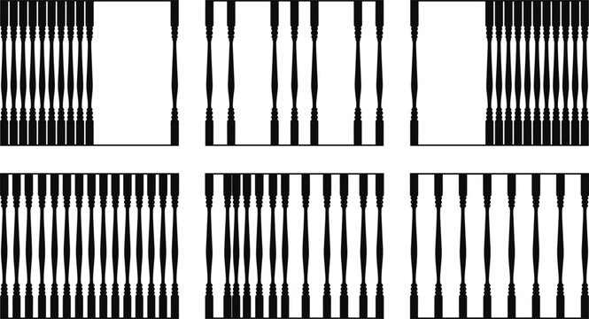 Architectural balustrade railing silhouette collection with wooden balusters stairs pillars bar structures and decorative balcony fence patterns