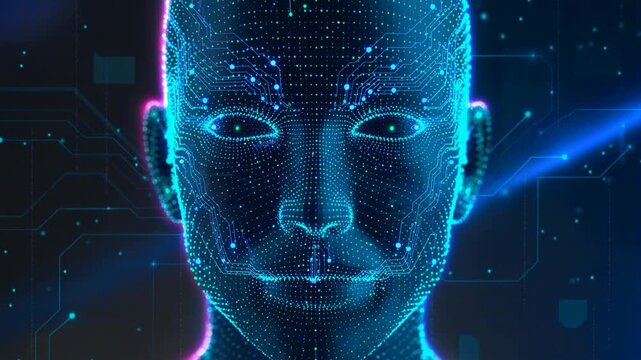 Digital futuristic human face made of glowing blue data points and circuits representing artificial intelligence and technology