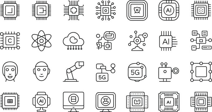 Artificial intelligence microchip icons set with neural network technology computing cloud and advanced digital electronics components (15 words)