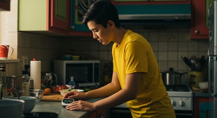 Fototapeta premium Young Man Using Glucose Meter in Kitchen: A focused young man in a bright yellow t-shirt uses a glucose meter in a domestic kitchen setting, highlighting self-care and health management.