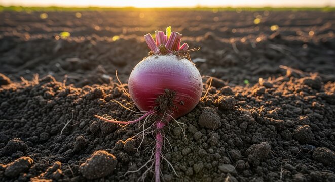 Single beet growing in a field at sunset with sun flare.