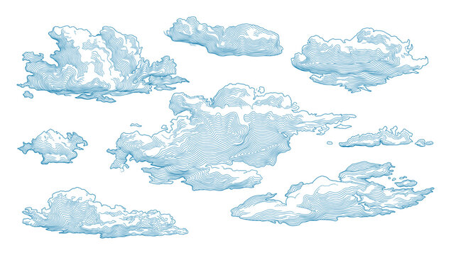 Blue cloud engraving set, hand drawn etched sky weather illustration