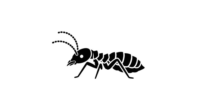Black silhouette of an ant with antennae and six legs, viewed from the side on a white background, representing an insect.