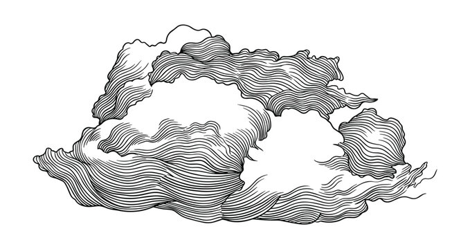 Engraved cloud illustration, black white line art drawing