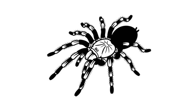 A black and white illustration of a tarantula spider with detailed legs and body.