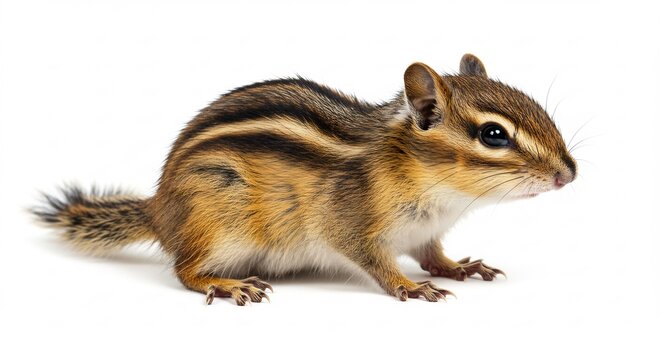 Charming Chipmunk: A small chipmunk with striking stripes on its fur poses attentively, its beady eyes looking forward with curiosity.