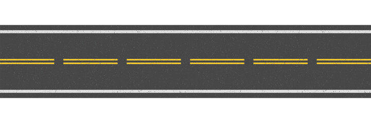 Fototapeta premium Realistic Grunge Road vector illustration, asphalt top view with yellow dashed and white lines