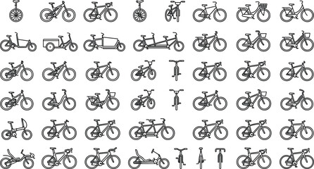 Comprehensive bicycle line icon collection featuring various models including mountain city road tandem cargo and electric bikes © MdRakib