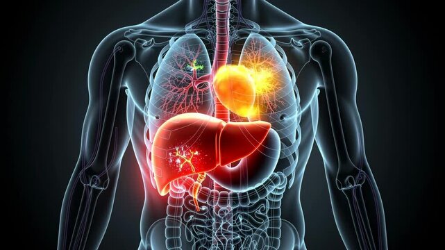 Detailed medical illustration of human internal organs with glowing liver and lungs anatomy