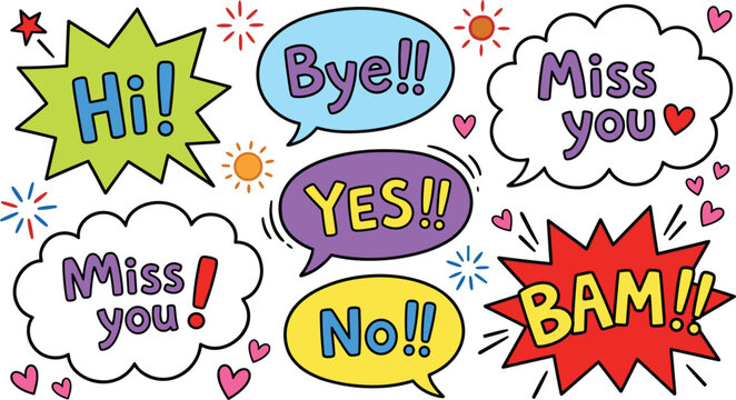 Colorful comic speech bubble sticker collection with cartoon expression text clouds bursting stars hearts and hand drawn accents