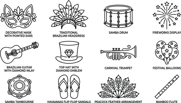 Brazilian carnival festival and samba parade vector outline icons set representing traditional celebration musical performance culture