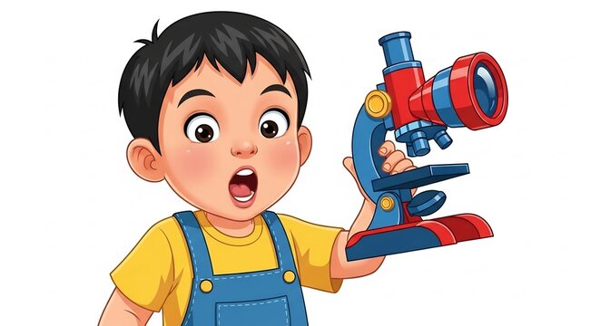 Curious Child with Microscope: A young boy with a look of wonder holds a colorful toy microscope, eager to explore the world of science and discovery.