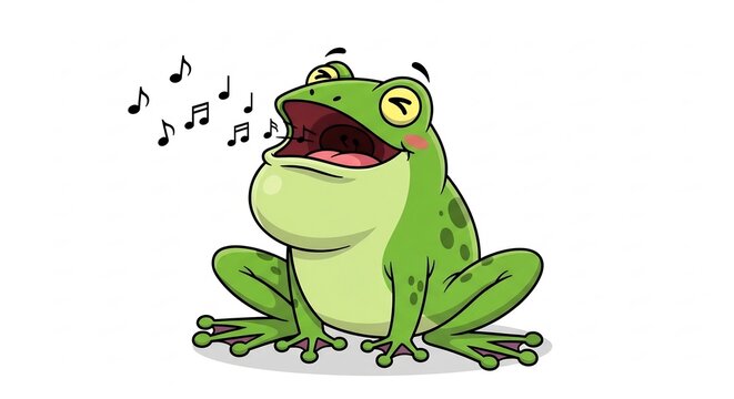 Singing Frog with Musical Notes: A cheerful cartoon frog with big eyes and green spotted skin sings joyfully, with musical notes floating in the air, creating a whimsical and happy scene.