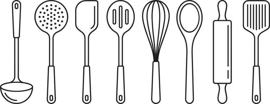 Kitchen utensil and cooking tool line icon set vector illustration culinary food prep collection design project.eps