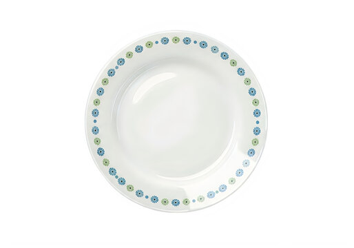 Vintage ceramic dinner plate with blue and green polka dot pattern, retro porcelain dishware with circular geometric border isolated on white background. Mid-century style kitchenware plate