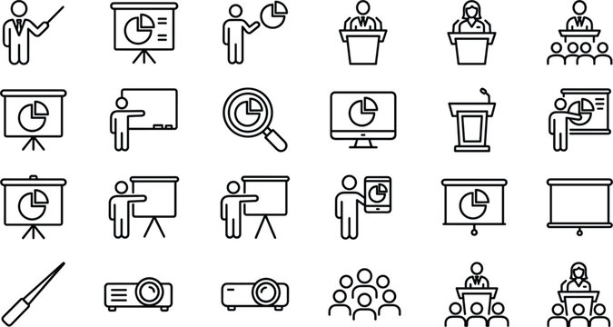MobileBusiness presentation line icon set featuring speakers public speaking charts podiums seminars training lectures and corporate education vectors