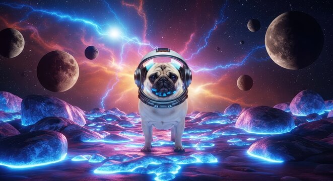 A brave pug wearing a futuristic space helmet stands on a glowing extraterrestrial terrain under a vibrant nebula and multiple moons, sci-fi, horizon, cosmic