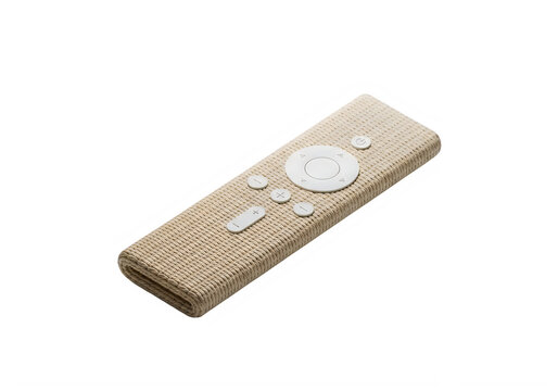 Minimalist wooden remote control with sleek white buttons isolated on white background. Modern eco-friendly television remote featuring natural light wood grain texture and circular navigation