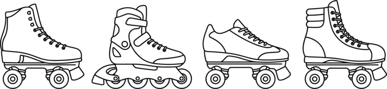 Roller skate and inline skate line icon set vector illustration retro roller disco footwear collection design project.eps