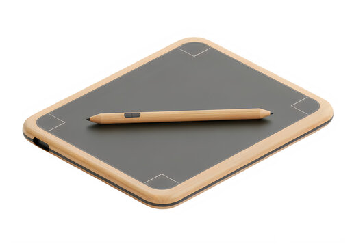 Professional digital drawing tablet with wooden frame and matching stylus pen, high-tech graphic design tool for creative artists and illustrators