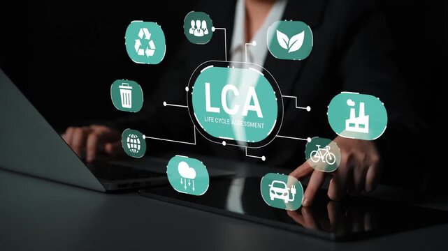 Life Cycle Assessment Concept with Digital Icons Representing Sustainability, Recycling, Environment, and Industry on Laptop Screen in Modern Workspace Gluon.