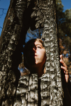 Teen Girl Hidden Behind a Charred Tree