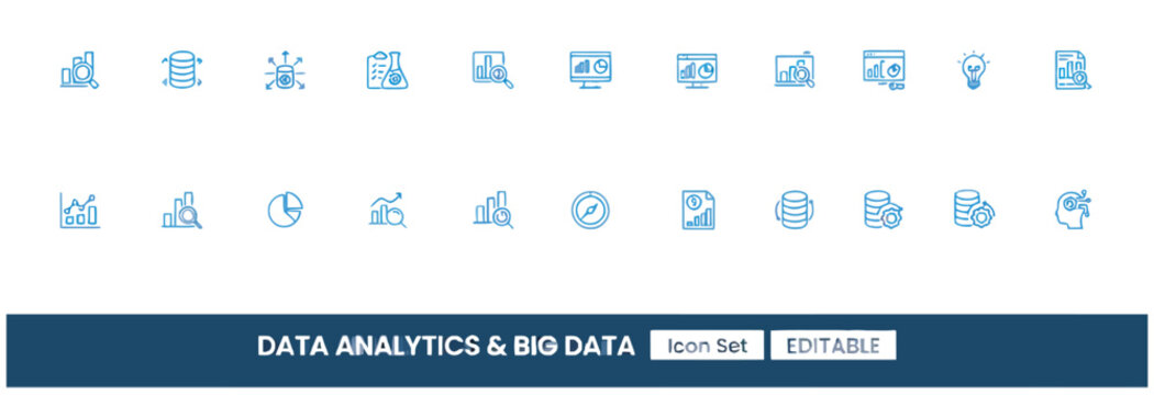 Modern data analytics and big data icon set for professional business and digital technology