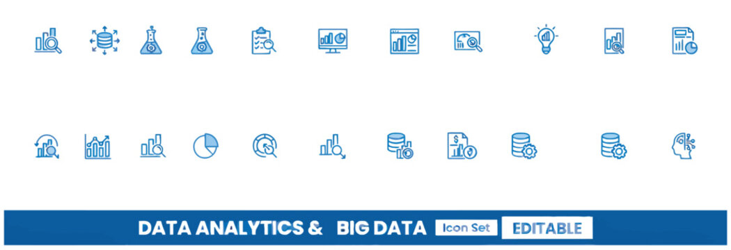 Professional data analytics and big data vector icon set for corporate digital transformation
