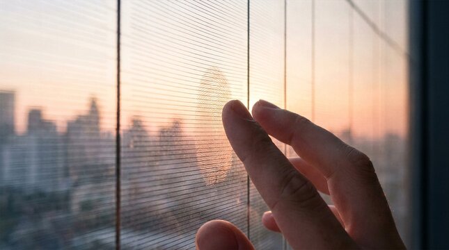 Hand pressing finger against transparent smart glass window with glowing biometric fingerprint scan against blurred sunset cityscape representing futuristic security and urban technology