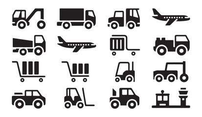 Industrial transportation vehicles and logistics equipment icon set, truck, airplane, forklift vector silhouette. © MD.RAHIM