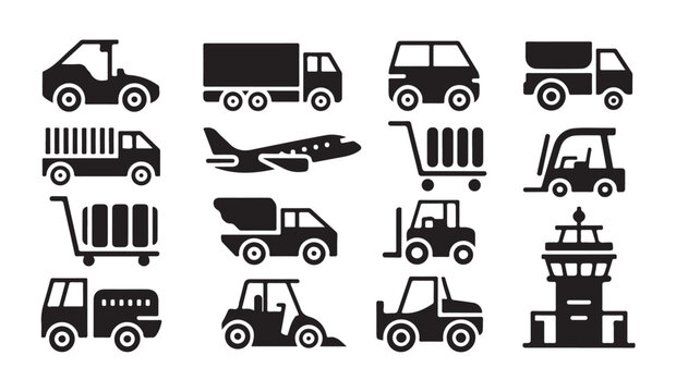 Logistics and transportation flat icon set, delivery vehicles, aircraft, forklift, control tower vector silhouette.