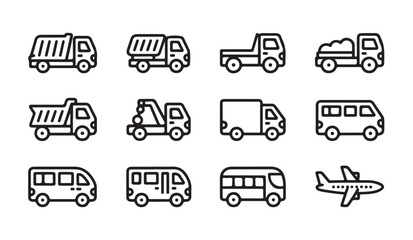 Outline icons of diverse trucks, buses, and an airplane representing different modes of transport. © MD.RAHIM