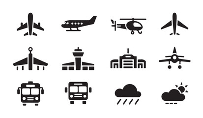 Set of icons representing various aircraft, airport buildings, and public transport buses. © MD.RAHIM